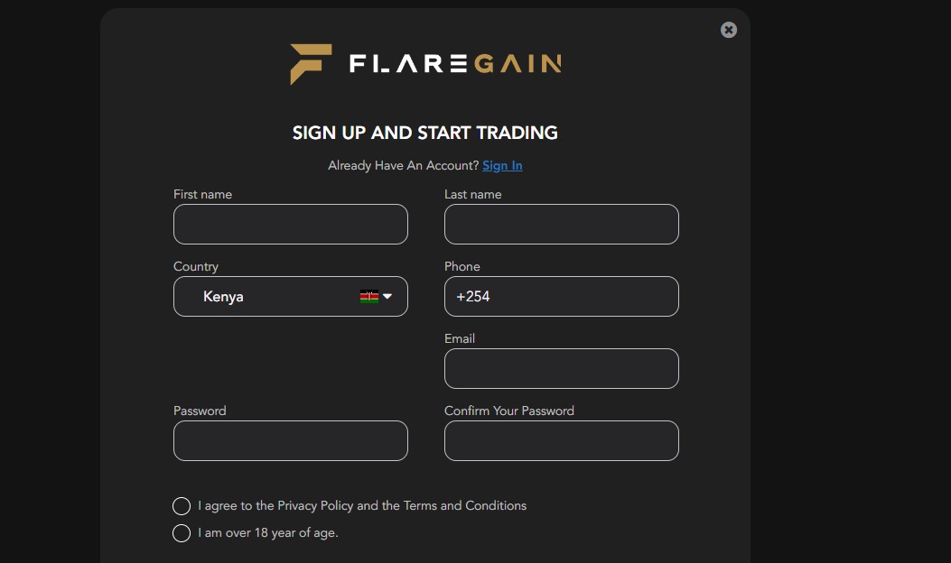 FlareGain Sign Up Registration